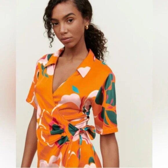 Reformation Luxe Electra Orange Silk Wrap Dress - Picture 3 of 10